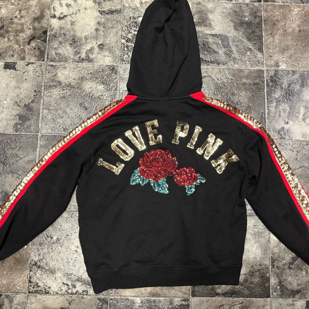Black Hoodie with Gold Sequins and Red Floral Design